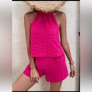 Pink Solid Halter Top & Shorts